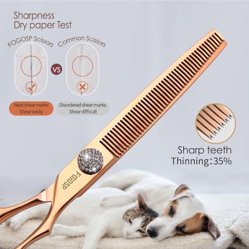 7'' Dog Grooming Scissors Set Rose Gold Titanium 4PCS Curved Thinning Straight Chunkers Shears Kit with White Artificial Diamonds Ergonomic Offset Handle Japan 440C Sharp and Durable - size: 7.0 inch, style: Dog Scissors Kit