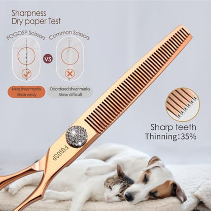 7'' Dog Grooming Scissors Set Rose Gold Titanium 4PCS Curved Thinning Straight Chunkers Shears Kit with White Artificial Diamonds Ergonomic Offset Handle Japan 440C Sharp and Durable - size: 7.0 inch, style: Dog Scissors Kit