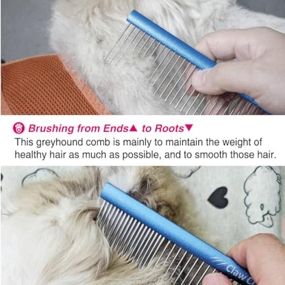 Greyhound Oval Grooming Comb – Aluminum handle, Stainless Steel Teeth Comb for Long-Haired Dogs & Cats, Removes Mats, Tangles, and Loose Fur – Lightweight for Deshedding (Silver/Blue, 9.8") - size: 9.8"