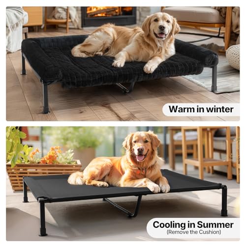 Veehoo Elevated Dog Beds Large Sized Dog with Fluffy Plush Bolster Cushion, Washable Orthopedic Dogs Couch Bed, Raised Pet Cot with Removable Mat, Breathable Mesh, No-Slip Feet, 53 x 37 inches, Black - color: Black, size: 53"L x 37"W x 7.9"Th