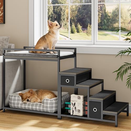 kepptory Pet Bunk Bed with Stairs and Storage, Dog Beds Attachment to Human Bed, Bedside Dogs Cot for Small, Medium Cats & Dogs, Pet Window Perch (Grey) - color: Grey