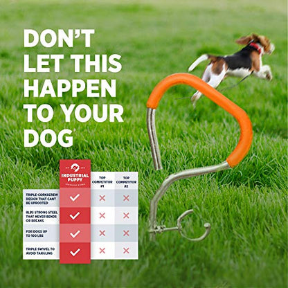 Industrial Puppy Dog Tie-Out Stake - 360-Degree Swivel Action Helps Reduce Tangles, 3 Corkscrew Anchors, Zinc-Plated Steel, Base Plate, Carabiner & Install Tool, for Dogs Up to 100 lbs, Outdoor Use
