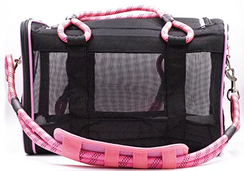 Buddy's Best Airline Approved Pet Carrier Black & Pink Heavy Duty, Fits Under Seat, TSA Compliant, Ventilated Mesh Design w/Waterproof Base & Reflective Safety Strips - color: Black & Pink