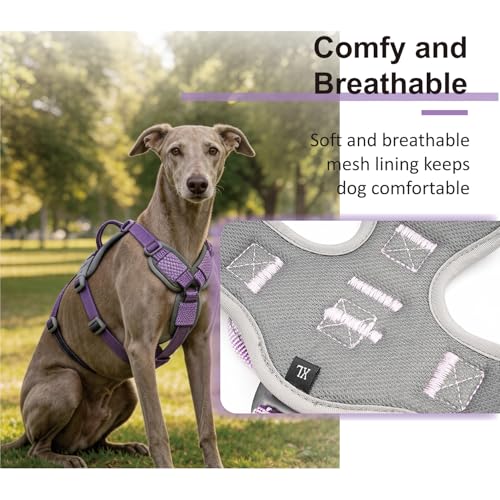 ThinkPet Flexfit 3-Strap Escape Proof Dog Harness, No Pull Front Clip 2-in-1 Vest with Control Handle, 360° Reflective Breathable Adjustable Harness for Greyhound Whippet Vizsla, Medium, Purple - color: Purple, size: Medium