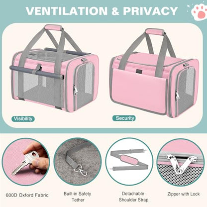 Soft Cat Carrier for Pets Up to 20 Lbs, Collapsible Cat Carrier Bag with Privacy Curtains, Airline Approved Small Pet Carrier for Small Medium Cats Dogs Puppy, Washable Soft Pet Travel Bag Dog Carrier - color: Pink