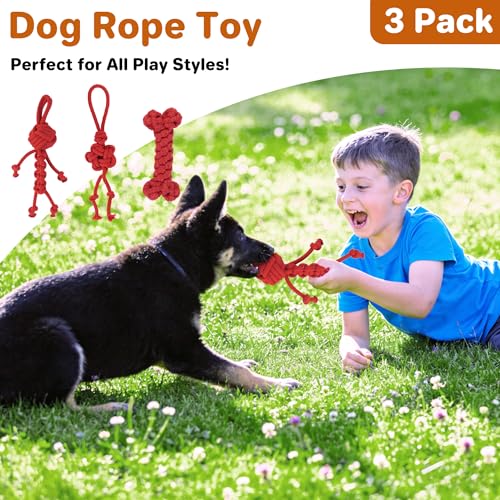 3 Pack Cotton Rope Dog Toy Set, Indestructible Chew Toys for Aggressive Chewers, Puppy Teething Toys with Bone, Human & Chinese Knot Designs for Boredom Relief & Tug of War， Red - style: Red suit（3 pack）