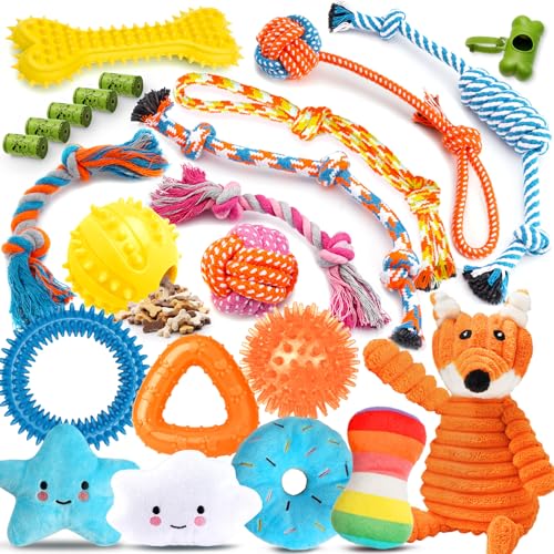 Zeaxuie 23 Pack Luxury Puppy Toys for Teething Small Dogs, Puppy Chew Toys with Rubber Toy, Rope and Squeaky Toys - color: 23 Pack (Stuffed-Fox)