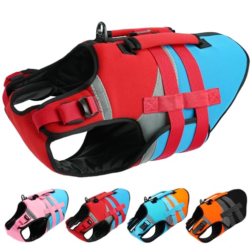 Kuoser Dog Life Jacket with Reflective Strips, High Visibility Dogs Swim Vest with Rescue Handle, Adjustable Dog Life Vest for Swimming, Boating, Pool & Beach, Doggy Lifejacket Small Medium Large Dogs - color: Red & Navy, size: Small (Chest Girth:16.9-21.