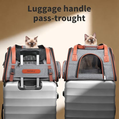 Heavy-Duty Premium Pet Carrier, Medium to Large Cat Carrying Bag with Seatbelt Strap Car Travel, Top & Side Load Crate Durable Foldable Kennel Cage for Small Dogs Under 10 lbs Leather