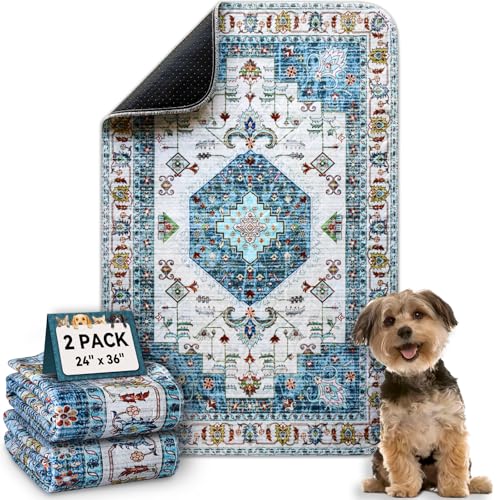 Washable Pee Pads for Dogs, Stylish Absorbent Reusable Training Dog Pads, Non-Slip and Leak-Proof Puppy Pads, Potty Pads for Crates, Whelping, Playpen, Bed and Floors, Blue Medallion 2 Pack 24" x36" - color: Blue Medallion, size: 24" x 36" 2PACK