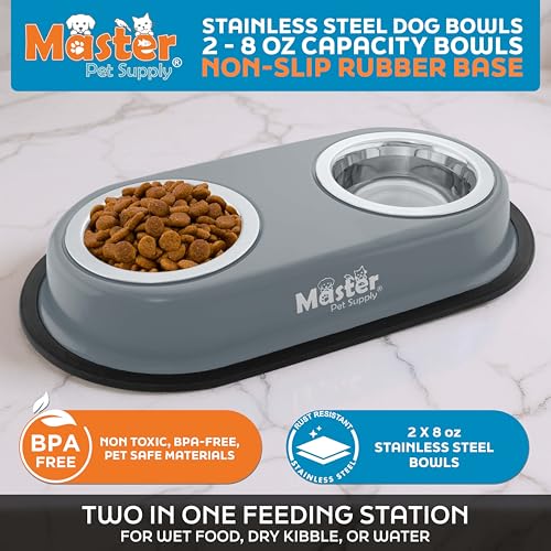 Master Pet Supply Double Dog Bowls Set with Elevated Base and 2 (8 oz) Stainless Steel Removable Dishes (Graphite) – Double Cat Food Water Bowl, Dog Puppy Food Bowl Set, Rust Resistant - color: Graphite