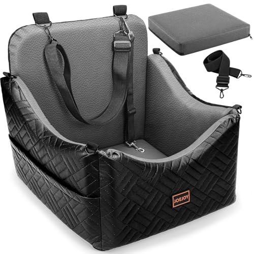 JOEJOY PU Dog Car Seats for Small Medium Dogs, Wipe Clean Waterproof Dog Booster Seat with 2.5 inch Cushion, Thickened 2 inch Memory Foam Pet Car Seats with Safety Belt and Storage Pockets - color: PU Grey with Cushion, size: Small/Medium