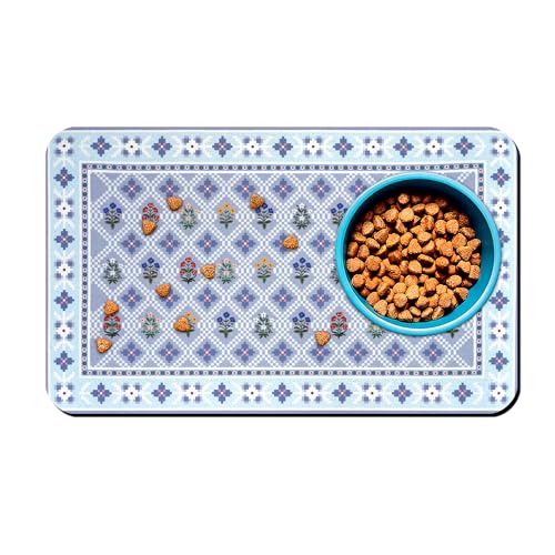 Dog Food Mats for Floors Boho Waterproof Mat for Cat Food and Water Bowls - Absorbent Quick Dry Non Slip Mat for Pet Feeding - color: Blue, size: 32"L x 24"W