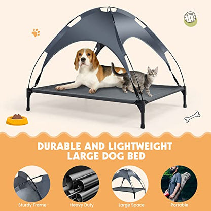 Elevated Dog Beds, Indoor Outdoor Raised Pet Bed, Portable Cooling Puppy Cot with Breathable Mesh, Canopy, Durable Steel Frame for All-Year Use