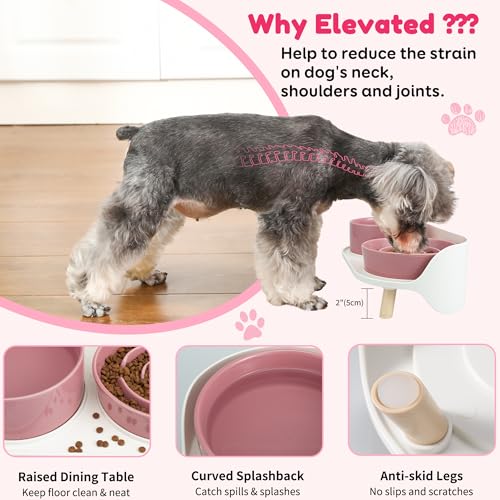 Elevated Slow Feeder Dog Bowls - Ceramic Food and Water Bowl Set with Stand - Raised Pet Dishes for Small and Medium Sized Dogs - color: Pink