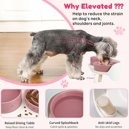 Elevated Slow Feeder Dog Bowls - Ceramic Food and Water Bowl Set with Stand - Raised Pet Dishes for Small and Medium Sized Dogs - color: Pink