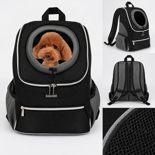 BAGLHER Dog Carrier Backpack for Small Dogs - Front Breathable Pet Backpack with Safety Buckle, Adjustable Hands-Free Design for Hiking, Cycling, Camping & Outdoor Use - Black, Size Large 10-14 lbs - size: 15.4"L x 7.9"W x 16.0"H