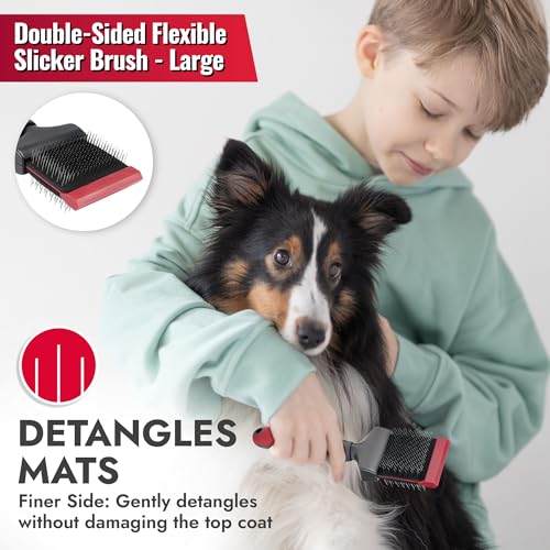 KONG Double-Sided Flexible Slicker Brush – De-Shedding & Detangling Tool, Padded Grip, Long Metal Pins, Flexible Head, for Medium to Large Dogs with Medium to Long Coats, Red/Gray - size: Medium Double-Sided Flexible Slicker