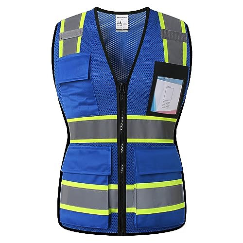 Safety Vest for Women High Visibility Vest with 8 Pockets and Front Zipper Mesh Reflective Vest Meets ANSI/ISEA Standards(Blue-17, Medium) - color: Blue-17, size: Medium