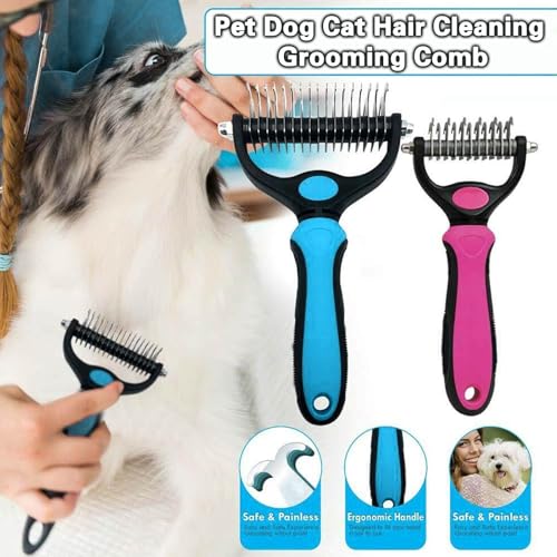 Pet Grooming Rake and Comb, Double-Sided Undercoat Detangling Dematting Tool, Stainless Steel, for Long and Short Hair Cats and Dogs (Red) - color: Red