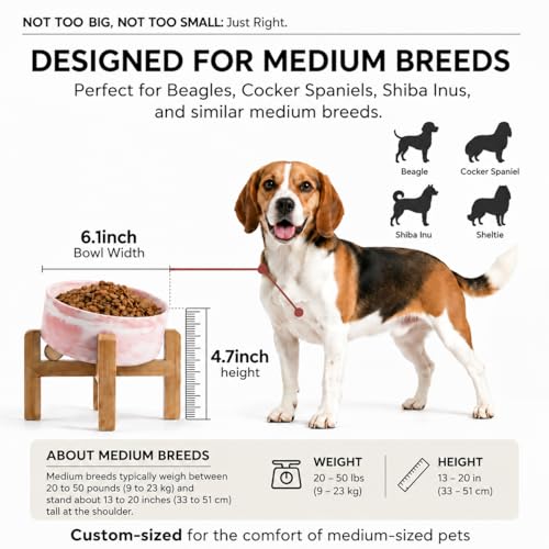 hjn Elevated Ceramic Dog Bowl 15°Slanted Raised Dog Bowl with Bamboo Stand for Small Medium Dogs and Cats, Pet Feeder -3.6-Cup (850ml)-Marble Pink - color: Marble Pink, size: 3.6Cup