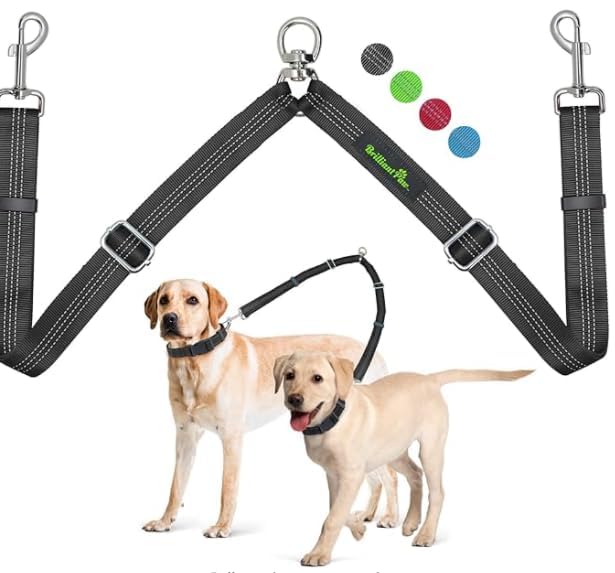 Double Dog Leash Coupler, No Tangle 360° Swivel Adjustable Reflective Dog Leash Splitter for 2 Dogs, Heavy Duty Shock Absorbing Bungee Lead Extension for Small Medium Large Dogs