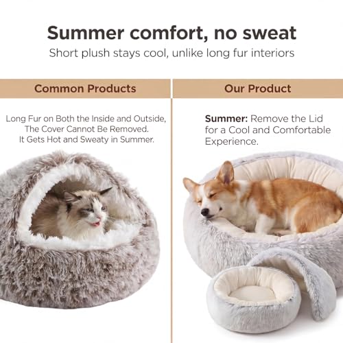 Cozy Zipper Convertible Cat Bed Cave, 2 in 1 Round Plush Donut Dog Bed with Removable Hood, Warm Fuzzy Enclosed Pet Nest Bed for Small Dogs Kittens, Machine Washable (Brown, 23.6 in Medium Size) - color: Brown, size: 23.6 in Medium Size