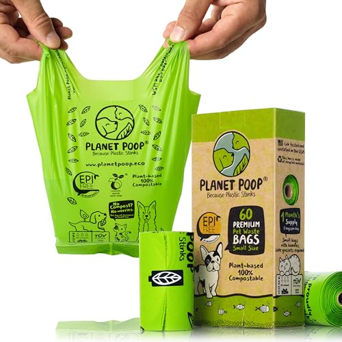 PLANET POOP Home Compostable Dog Poop Bags for Small Pets, 60 Mini Size Dog Waste Bags with Handles, Un-Scented Leakproof Doggy or Cat Bag, Plant Based Pet Supplies - size: 60 Count (Pack of 1)