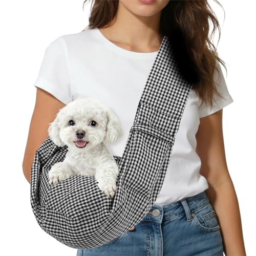 Dog Sling Carrier for Small Dogs and Cats Up to 16.5 Lbs, Breathable Texture with Pocket Pet Cross Body Shoulder Bag, (Black White, 1 Pcs) Intended for Outdoor Travel/Camp - color: Black White