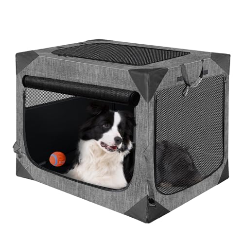 Nottia Dog Crate, Collapsible Soft Travel Crate for Large Dogs (3 Year Warranty), Indoor & Outdoor Portable Pet Kennel with Chew-Proof Mesh Window (Dark Gray, 36" L x 25" W x 25" H)