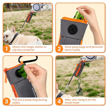 Dog Poop Bag Holder for Leash with 2 Waterproof Storage Pouches, Carabiner Clip, Zipper Soft Doggy Pouch for Pet Waste Bags, Dog Walking, Training, Travel (Grey) - color: Grey