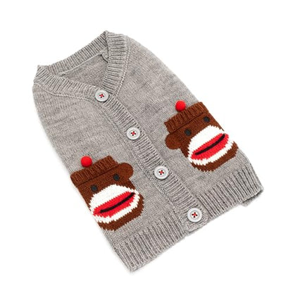 THE WORTHY DOG Sock Monkey Sleeveless Cardigan Dog Sweater – Warm Pullover Dog Clothes with Faux Pockets & Buttons, Heathered Knit - Gray, Large - color: Sock Monkey - Gray, size: Large