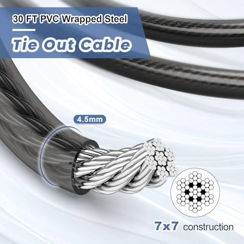 Tinnmao Heavy Duty Dog Tie Out Cable & Spiral Stake, 30 FT Tether with 15.7" (40cm) 12mm Coated Carbon Steel Screw-in Anchor (7cm Helix), Dual Swivel + Shock Spring, Outdoor Tie Out for Yard & Camping