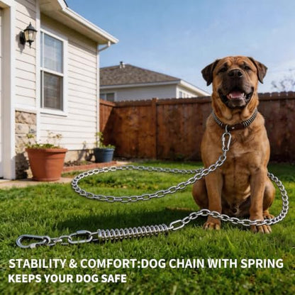 Heavy Duty Dog Tie Out Chain with Spring for Large Dogs, Stainless Steel 4MM 200LBS Chew Proof Shock Absorbing Dog Lead Cable for Yard Outside, No Tangle(1 Spring+Chain/15ft) - size: 1 Spring+Chain/15ft/4mm/200lbs