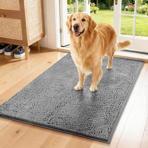 Absorbent Dog Door Mat for Muddy Paws, 120" x 36" Soft Chenille Indoor Dog Mat, Trap Dirt Mud Mat for Dogs, Non Slip Washable Pet Rug for Entryway, Light Grey - color: Light Grey, size: 120"L x 36"W x 1"Th
