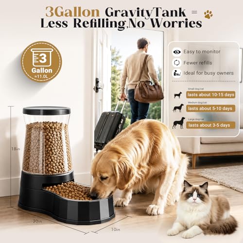 Automatic Dog Feeder Dispenser 3 Gallon/11L Gravity Stainless Steel Dog Food Feeder, BPA-Free Large Capacity Food Feeding Bowls for Medium & Large-Sized Dogs,Cats - size: 3 Gallon Feeder