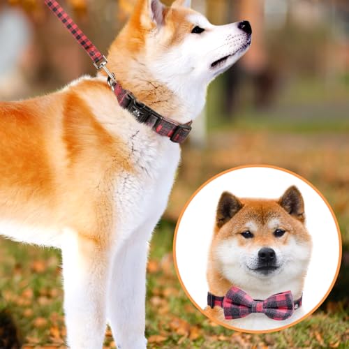 IVY&LANE Dog Collar with Bowtie and Leash Set | Plaid Adjustable Dog Collar | Detachable Bow Tie |5 FT Dog Leash | for Small Medium Large Dogs | Checkered Red | Small - color: Checkered Red, size: S