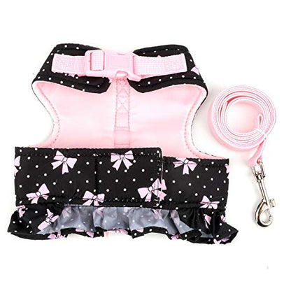 Zunea No Pull Small Dog Girl Harness Dress Escape Proof Cat Kitten Vest Harness Leash Set Step-in Soft Cotton Padded Polka Dot Jacket Chihuahua Puppy Clothes with Cute Bow for Walking Black M - color: black bows, size: M (Chest:16.9-17.7", Neck:10.6-11.4"