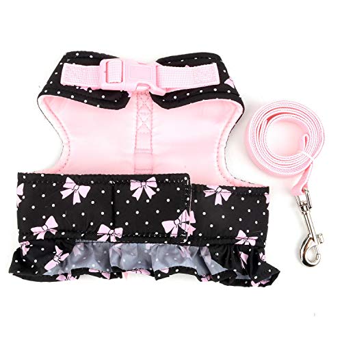 Zunea No Pull Small Dog Girl Harness Dress Escape Proof Cat Kitten Vest Harness Leash Set Step-in Soft Cotton Padded Polka Dot Jacket Chihuahua Puppy Clothes with Cute Bow for Walking Black S - color: black bows, size: S (Chest:14.5-15.7", Neck:9-9.8")