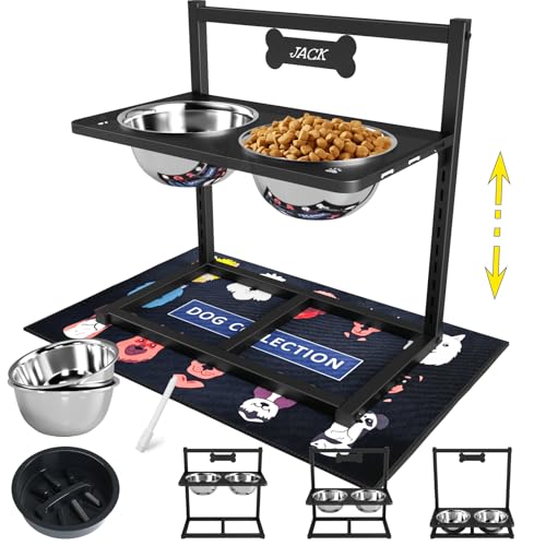 ADENGL 9 Height Adjustable Dog Bowl Stand with Two 1.7L Stainless Steel, Slow Feeder Bowls and Nonslip Pad, Perfect for Medium and Large Dogs - color: Black, Slow Feeder with Dog Group Mat, size: Large Dogs