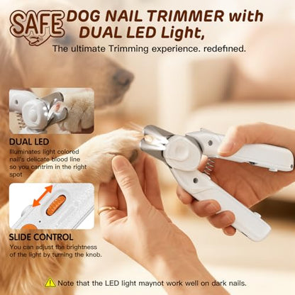 Dog Nail Clippers & Cat Nail Clipper, Pet Nail Trimmer with 2 LED Lights,Safety Side Lock, Nail File and Anti-Slip Handles, Dog Nail Grinder Quiet for Large and Medium Dogs & Cats - color: White