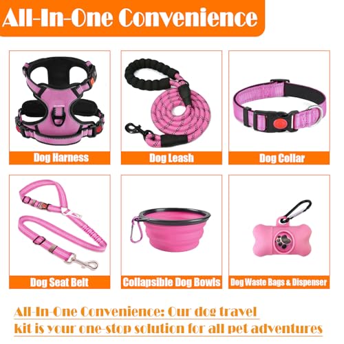 LOBEVE No Pull Dog Harness, Collar & Leash Set | Includes Dog Seat Belt, Collapsible Bowls & Poop Bag Dispenser. Ideal for Training, Walking, Hiking. Fits Small to Large Dogs(Pink-L) - color: Pink, size: Large