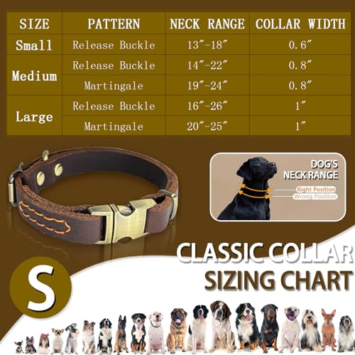 Leather Dog Collar with Metal Quick Release Buckle, Soft Genuine Cowhide Heavy Duty Metal Dog Collar Adjustable for Small Medium Large Dogs Pets. (S, Neck 13-18"(Release Buckle)) - size: S, Neck 13-18"(Release Buckle)