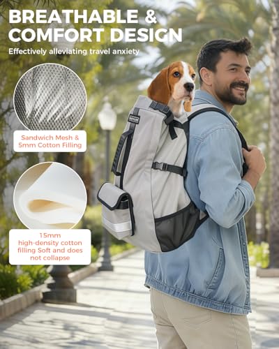 Waterproof Dog Backpack Carrier for Small Dogs Under 24 lb, Grey | 4-Layer Protection, Adjustable Dog Hiking Backpack with Storage Pockets, Reflective Strips, Non-Slip Handle for Travel - size: 10.2"L x 6.6"W x 21.2"H