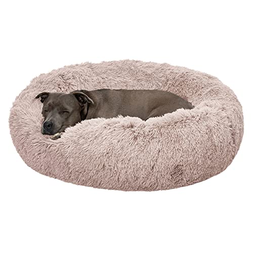 Furhaven 36" Round Calming Donut Dog Bed for Large/Medium Dogs, Refillable w/ Removable Washable Cover, For Dogs Up to 75 lbs - Shaggy Plush Long Faux Fur Donut Bed - Taupe, Large - color: Taupe, size: Large