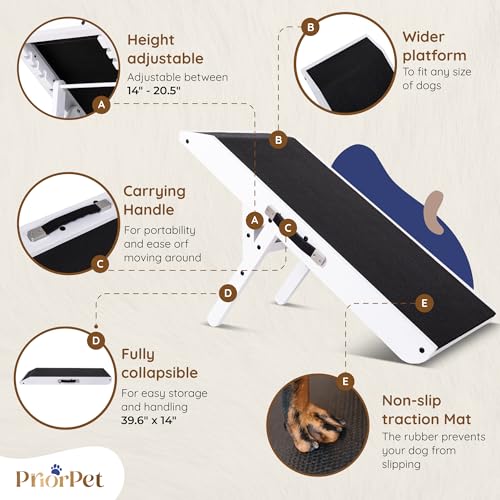 Dog Ramp for Couch – Non-Slip, Sturdy Build Foldable Wooden Dog Ramp – Supports up to 200 lbs – 7 Adjustable Heights (14"–20.5") – Enhanced Stability – Birchwood Pet Ramp for Small Dogs – White - color: White