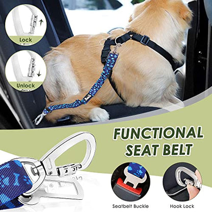 SlowTon Dog Seatbelt, 2 Pack Dog Seat Belt Car Leash Adjustable Elastic Bungee Buffer Heavy Duty Nylon Reflective Pet Safety Tether Connect to Dog Harness for Travel Riding in Vehicle (Daul Clip, BL) - color: Blue