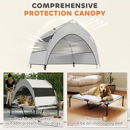 PawHut Elevated Dog Bed with Cooling Pad, Raised Outdoor Pet Bed with Removable Canopy, Breathable Mesh, Storage Bag, Portable Pet Cot for Indoor Outdoor Large Dogs, 36" x 29.5" x 35", Light Gray