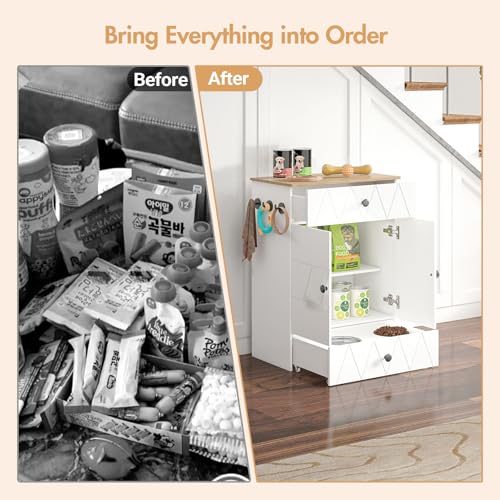 Pet Feeding Station with Storage, Raised Dog Bowls, Pet Feeder Cabinet, with Adjustable Shelves, Rolling Drawer, Hooks, for Feeding & Watering Supplies (Light) - color: Light