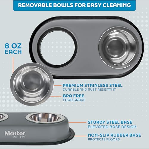 Master Pet Supply Double Dog Bowls Set with Elevated Base and 2 (8 oz) Stainless Steel Removable Dishes (Graphite) – Double Cat Food Water Bowl, Dog Puppy Food Bowl Set, Rust Resistant - color: Graphite
